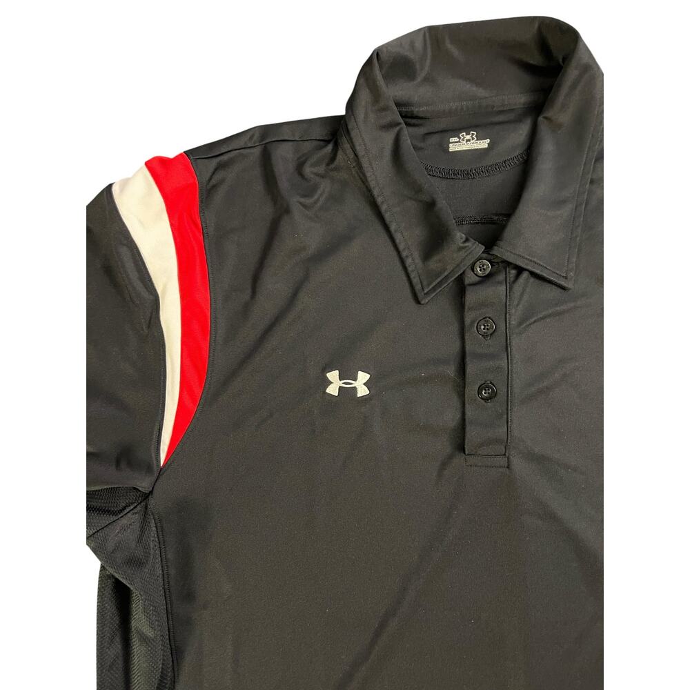 Under Armour Polo Mens XXL Golf Black Heat Red White Arm Stripes Logo Poly Sexy
